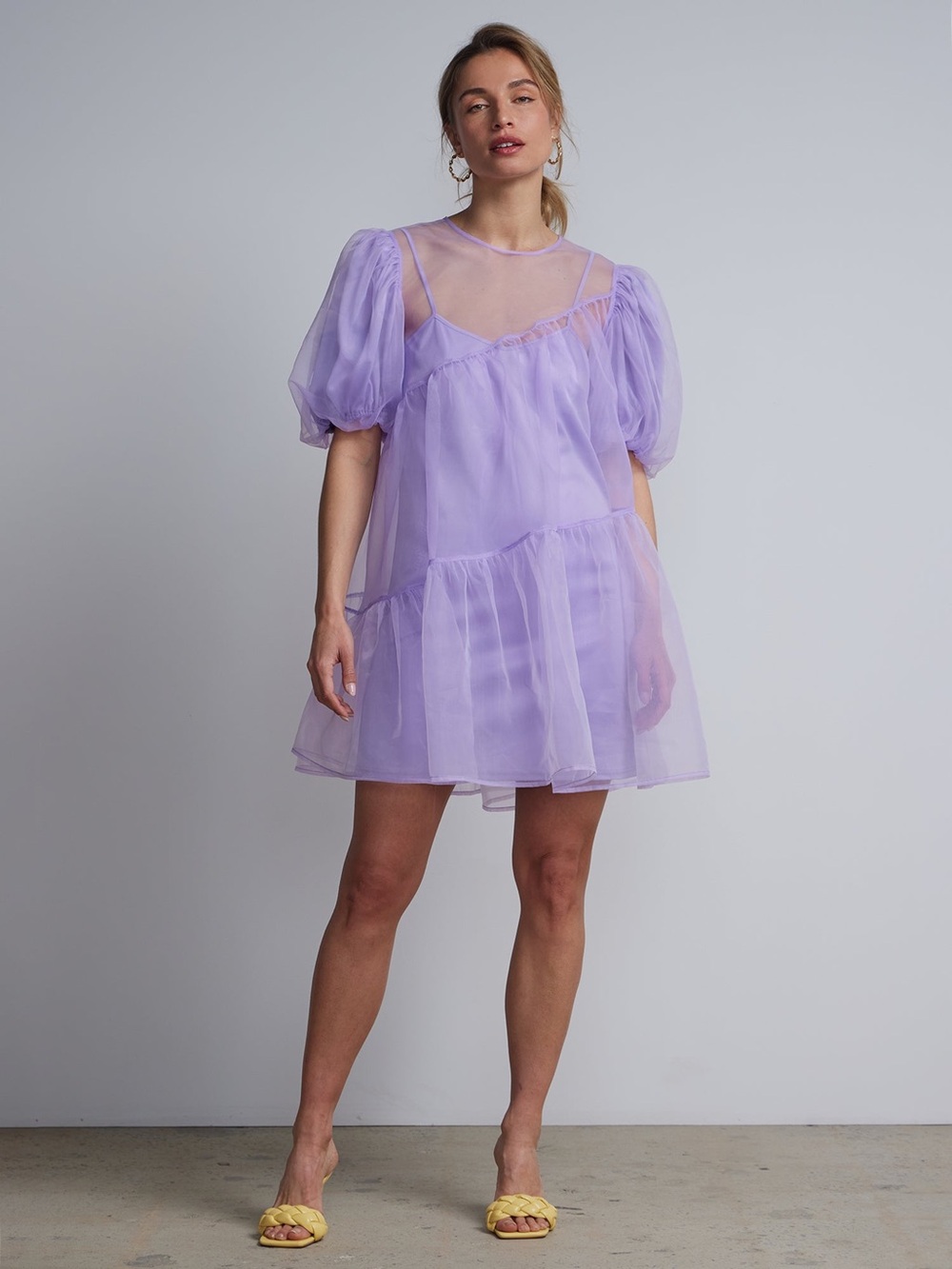 New York & Co Organza puff sleeve bubble dress- Dreamy Lilac